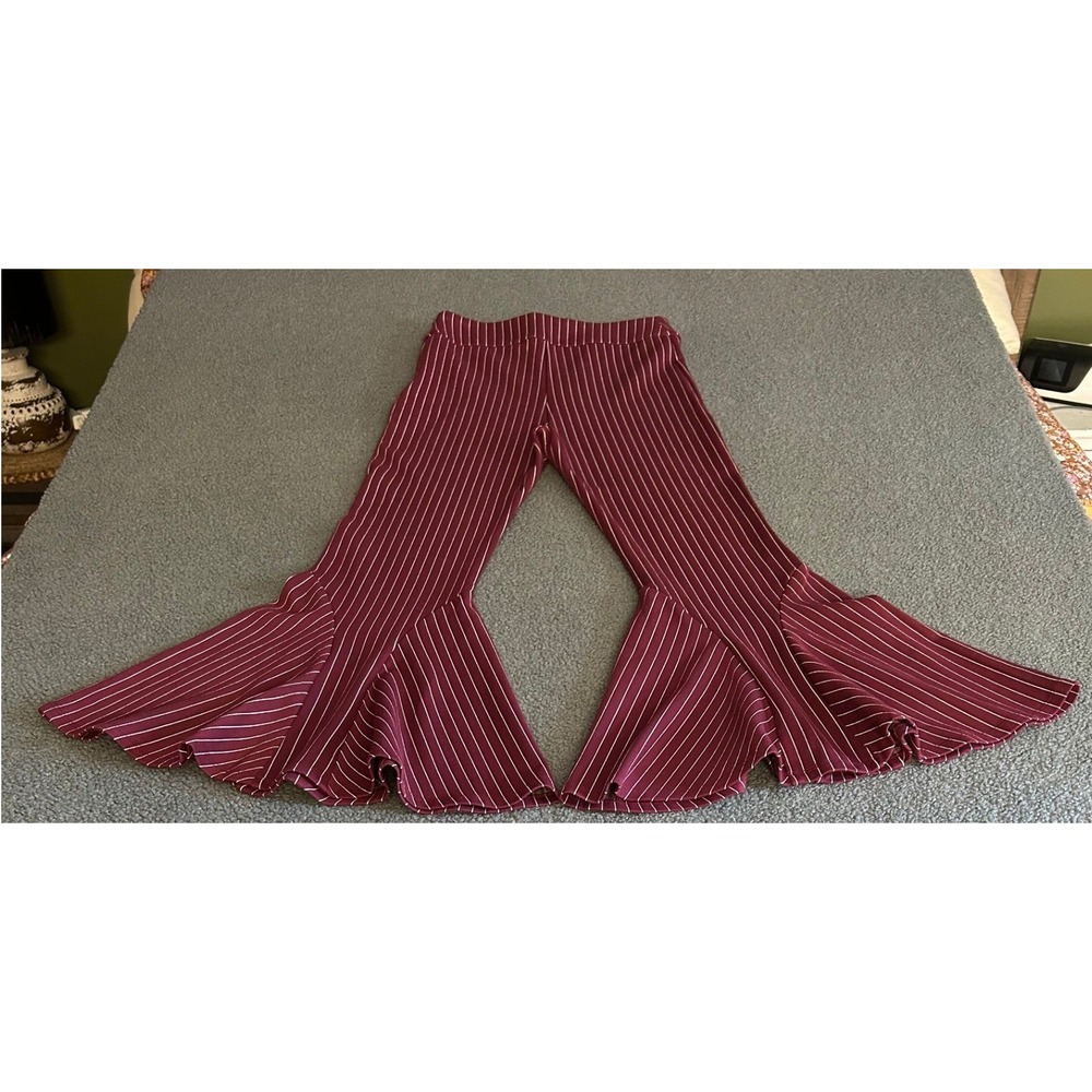 Free People Flare Pants Women 4 Winterberry Pinstripe Ruffle Bell Bottom NWT